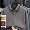Ropa de Otoño e Invierno para Hombre con Forro de Polar Engrosada Solapa con Lana Falso Dos Piezas Camiseta Suéter para Hombre de Mediana Edad y Anciano Camiseta Interior para Hombre