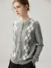 Cárdigan de Cachemira Estilo Otoño/Invierno 2026 Para Mujer Cuello Redondo Base de Cuadros de Diamantes Estilo Versátil de Una Sola Fila Prendas de Abrigo Cálidas