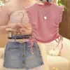 Conjunto para Meninas Verão 2025 Novo de Verão Infantil Manga Flare Camiseta Vic Saia Jeans Casual Versátil Calça Culotte