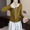 Camiseta de manga larga gruesa y cálida tipo dos piezas con lazada para mujer, talla grande, moderna, adelgazante, versátil y rejuvenecedora, top básico