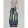 Comercio Transfronterizo Estación Europea 2025 Primavera Lavado Desgastado Pintura Puntos Graffiti Jeans Rectos de Cintura Alta con Pinzas Anchos para Mujer