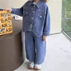 Conjunto de Niña para Primavera y Otoño Bebé Elegante Personalidad Infantil Marca de Moda Estilo Coreano Chaqueta Irregular de Encaje Pantalones de Mezclilla