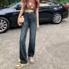 Calça Jeans Larga de Cor Escura para Mulheres, Lançamento Primavera 2025 Nova Cintura Alta Modelagem Solta Emagrecedora Moda Calça Reta para Mulheres Baixas