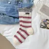 Calcetines Japoneses de Doble Capa, Ajuste Relajado, Rayas Blancas y Negras, Bloques de Color, Estilo de Nicho, Hasta la Mitad de la Pantorrilla, para Mujer, Calcetines Flojos Vintage de Moda