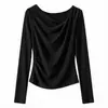 Camiseta de manga larga estilo coreano para mujer en color rosa bebé con cuello de volantes irregulares, top plisado ajustado para primavera y otoño, camisa básica elegante