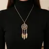 Collar con Atrapasueños y Plumas Estilo Bohemio, Colgante Vintage Desgastado de Turquesa, Cadena Larga para Suéter Estilo Étnico