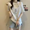Camiseta Manga Curta Bordada em Bambu Estilo Chinês Plus Size para Mulheres Verão Nova Solta com Efeito Emagrecedor Top