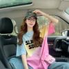 Camiseta Solta de Algodão Puro com Estampa de Letras Estilo Harajuku para Mulheres, Top da Moda deste Ano com Cor Gradiente Popular de Comprimento Médio e Caimento Slim