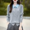 Atmósfera elegante, combina con todo, suave y a la moda, suéter de punto fino de lana con color de contraste, cuello pequeño puntiagudo, cárdigan, top para mujer