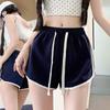 Shorts Esportivos Coreanos Originais com Borda Xadrez para Mulheres 2026 Novo Estilo Europeu e Americano Verão Versátil Elástico Cintura Alta Casual