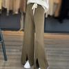 Calça Tricô Wide Leg Feminina Nova Outono/Inverno 2026, Cintura Alta, Caimento Solto, Calça Casual Emagrecedora, Calça de Pierna Reta com Caimento, Barra Dividida, Comprimento no Chão