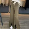 Pantalones de Punto para Mujer Estilo Coreano Nuevo Primavera/Verano Color Sólido Costura Central Divididos Pierna Ancha Sueltos Casuales para el Trabajo
