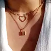 Colar Pingente Metal Chave Cadeado Retro Europeu e Americano Cruzado Moda Criativa Versátil Colar Multicamadas para Mulheres