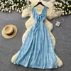 Vestido Francês de Nicho com Estampa Azul Alças Finas Feminino Verão Estilo Coreano Flor 3D Barra Larga Elegante Vestido Princesa Estilo Fada