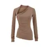 Conjunto de Roupa Feminina para Outono: Blusa Manga Longa Slim Fit com Gola Assimétrica Inclinada 'Pure Desire 2025' e Calça Casual Flare que Abraça o Quadril