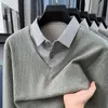 Camisa de Tricô Masculina Dois em Um Estilo Old Money Outono 2026 Nova Camisa Casual Masculina com Gola Imitação de Caxemira