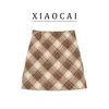 Falda lápiz de lana para otoño e invierno, falda corta vintage versátil nueva para mujer, falda de cuadros línea A adelgazante de cintura alta para mujeres petite