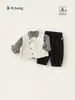 Roupa infantil Bangxuan, camisa xadrez de outono, colete de cavalheiro para bebês meninos, conjunto de calça casual de três peças para meninos
