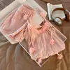 Pijama rosa para mujer con copas en el pecho, nuevo estilo coreano de verano, camisola y shorts florales dulces, conjunto de dos piezas para el hogar de verano