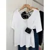 Camiseta de manga corta estilo coreano para mujer en verano, cuello redondo, diseño holgado y casual, top fino cuidado con espalda descubierta calada
