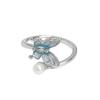 Pequeño Anillo Abierto Exquisito de Mariposa Fresca Esmalte Azul Mar Incrustado con Perlas Diseño Nicho Anillo Envolvente Personalizado para Mujer