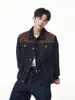 Directo del fabricante: Patchwork de gamuza, mezclilla cruda, chaqueta de mezclilla estilo granja para hombre, moda americana retro, corte corto y ancho, hombro normal
