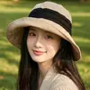 Sombrero de pescador estilo japonés de ala ancha con borde enrollado de algodón y lino para mujer, adecuado para primavera y verano, sombrero para el sol para proteger la cara al aire libre, sombrero de sol plegable