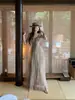 Vestido largo de verano retro sexy con cuello de malla teñido con tinta, cintura alta, corte ajustado, camisola para mujer en tela transparente