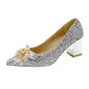 Sapatos de Casamento 2025 Novos Sapatos para Madrinhas Salto Grosso Boca Rasa Strass Lantejoula Salto Alto Xiuhe Pérola Sapatos de Cristal para Noivas