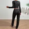 Pijama con Explosiones Transfronterizas Conjunto Casual Sexy Europeo y Americano Solapa Dobladillo Manga Larga Pantalones Ropa para el Hogar Conjunto de Dos Piezas para Mujer