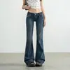 Jeans de tiro bajo estilo Yi Mengling para mujer 2026 nuevo estilo moderno retro azul oscuro pantalones elásticos de microcampana para chica popular