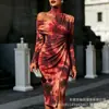 Transfronterizo Nuevo Estampado Digital Casual Personalidad Moda Temperamento Vestido de Manga Larga Hombros Descubiertos Falda Primavera y Otoño Mujer