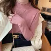 Camiseta base de punto con forro polar grueso para mujer para otoño e invierno, elegante y estiliza la figura, de manga larga, con bordes festoneados y suéter de cuello semi-alto