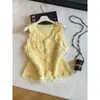 Chaleco de punto floral con cuello redondo estilo francés para mujer, dulce ajuste holgado de otoño, top sin mangas con cordones que rejuvenece para usar por encima