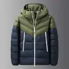 Chaqueta de Algodón con Capucha para Hombre Otoño e Invierno Color Clásico Bloques de Color Costilla Polar Deportiva Casual Abrigo de Algodón Estilo Patchwork Bloques de Color