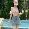Mini Saia Jeans de Cintura Alta Retrô para Mulheres, Novo Estilo de Verão, Saia Bodycon Afiladora Petite Linha A, Meia Saia Anti-Exposição