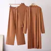Estilo Europeu e Americano Cor Sólida Casual Terno Feminino Casaco Xale Suéter Básico de Tricô com Decote em V Calça de Pernas Largas Conjunto de Três Peças
