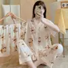 Pijama nuevo 2024 mujer verano manga corta pantalones cortos pantalón traje de tres piezas estilo celebridad de internet ins dulce lindo damas hogar