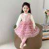 Conjunto de Dos Piezas para Niña con Falda de Gasa tipo Pastel y Mangas Abullonadas, Estilo Primavera y Otoño, Moda Coreana para Niñas Pequeñas, Atuendo de Primavera para Niños