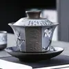 Gaiwan de Argila Roxa Embossado Original Mineral Fragrância de Lótus Tigela Três Talentos Tigela de Chá de Argila Preta Conjunto de Chá de Grande Capacidade Cor Sólida Estilo Chinês Uso Doméstico