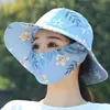 Sombrero de Pescador Floral para Recoger Té, Sombrero para el Sol, Viajes al Aire Libre en Verano, Todo en Uno a Prueba de Polvo y Sol, Cubre Rostro Completo, Sombrero de Copa Plana Anti-UV