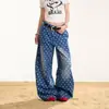 Design retrô americano, lavado, bordado de poá com estampa total, jeans curvo de perna larga solto, calça versátil e moderna unissex