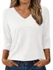 Blusa feminina de manga 3/4 da Amazon, gola V casual, modelagem solta, básica, top da moda