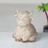 Ornamento Decorativo de Fortuna das Terras Altas, Figura de Vaca Fofa para Mesa de Escritório, Mascote de Cristal Natural, Olho de Tigre de Cristal Branco Preenchido com Resina