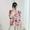 Camiseta Plissada Estampada Transfronteiriça Nova de Verão Manga Morcego Solta Design Simples Senso de Estilo Rosa Top Versátil