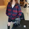 Jaqueta Suéter de Moda Listrada Color Block 2025 Outono Novo Cardigã Solto de Manga Longa com Decote V Coreano para Mulheres