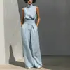 2026 Primavera Europea y Americana Nuevo Estilo Amazon Color Sólido Elegante Sencillo para Mujer Top sin Mangas de Mezcla y Pantalones de Pierna Ancha