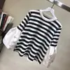 Comercio Exterior 2025 Estilo Nuevo Estilo Japonés Empalme Mangas de Campana Moda de Punto de Manga Media Tops para Mujer