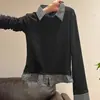 Camiseta de Manga Larga a Cuadros Estilo Universitario Coreano con Botones, Falsa Dos Piezas para Mujer, Ajuste Delgado para Primavera y Otoño, Versátil y Rejuvenecedor Top con Cuello Polo