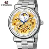 Reloj mecánico automático Forsining para hombre, informal, con correa de acero y fase lunar hueca tallada.